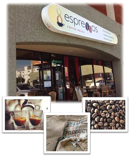 8espressos exterior, extracting espresso, bag, beans